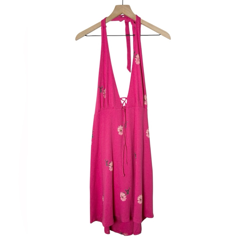 American Eagle Hot Pink Floral Halter Dress Backless Deep V Neck Ribbed Boho
